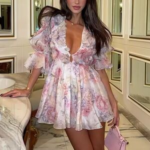 Floral V-Neck Ruffle Dress Zimmerman Style Size S-M